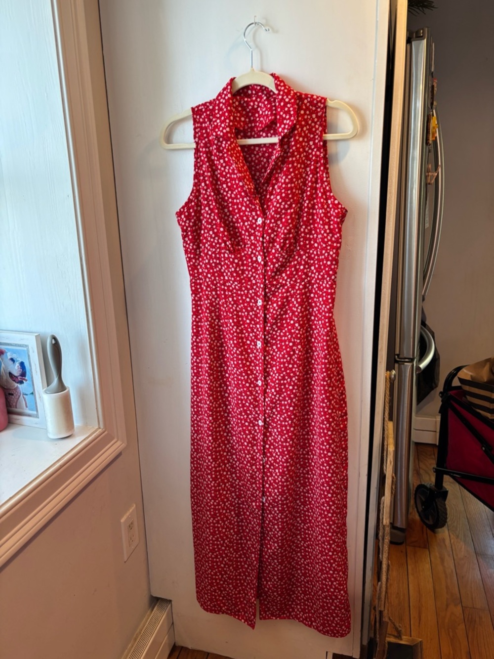 SHEIN Red Sleeveless Button-Front Maxi Dress with White Dot Print